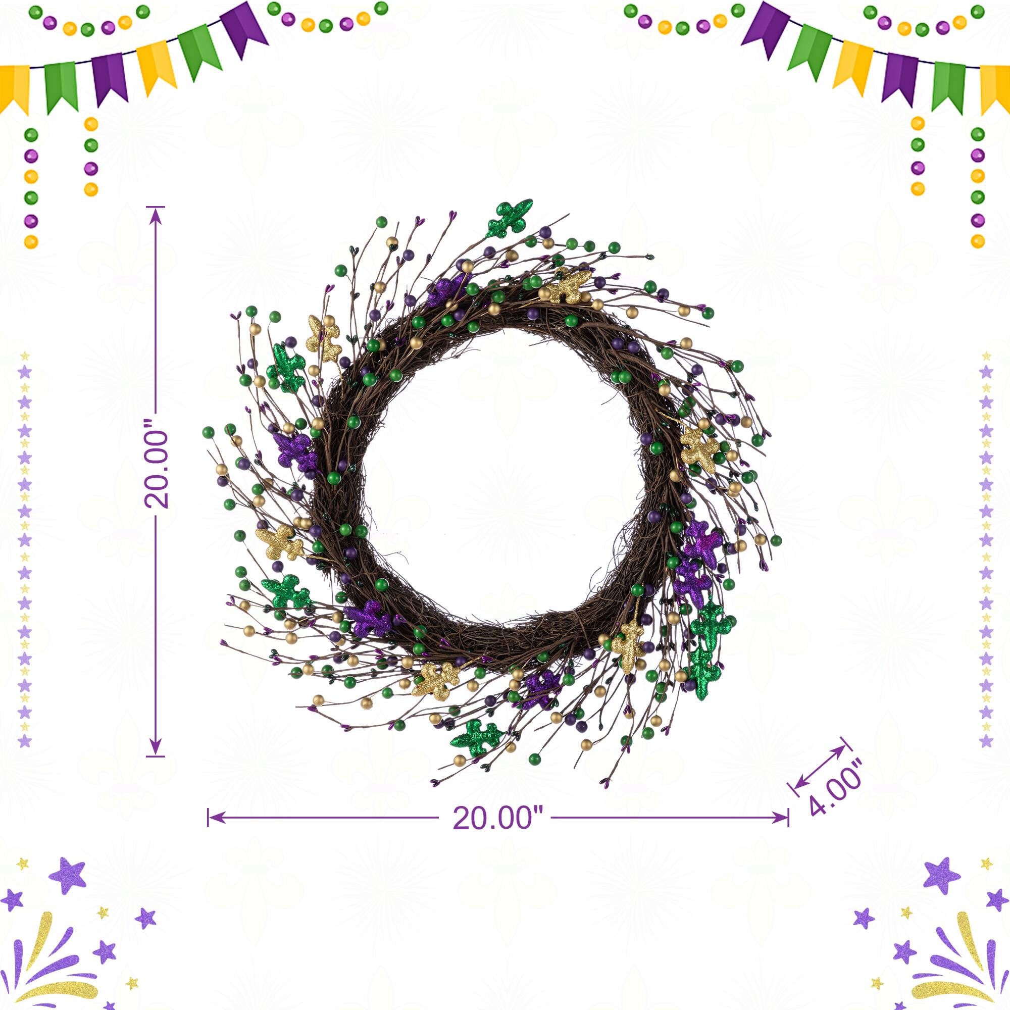 Glitzhome® 20" Mardi Gras Berry & Fleur-de-Lis Wreath